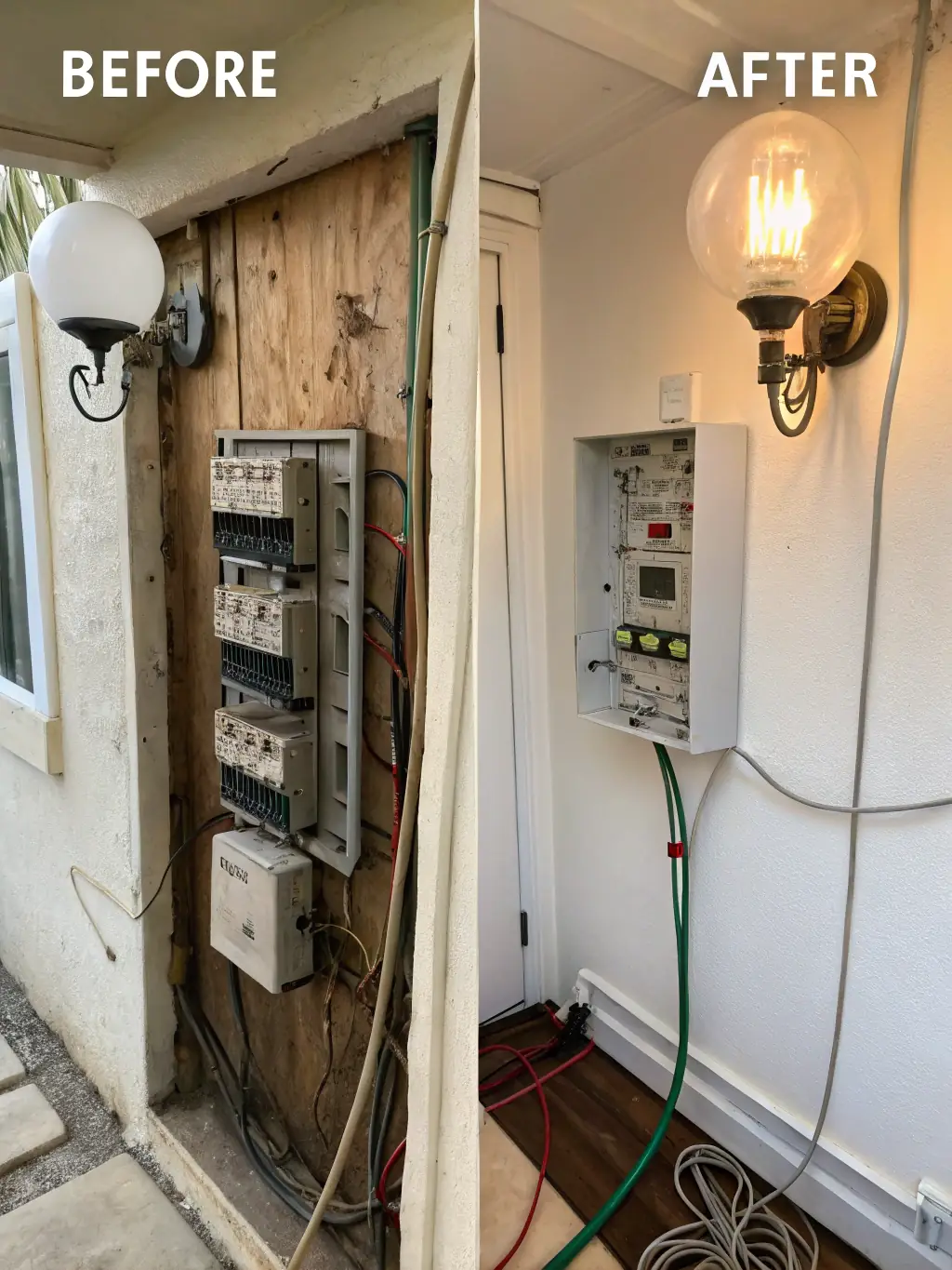 A before-and-after shot of a home's electrical wiring, showcasing ALKI Electric's full home rewiring service and improved safety.