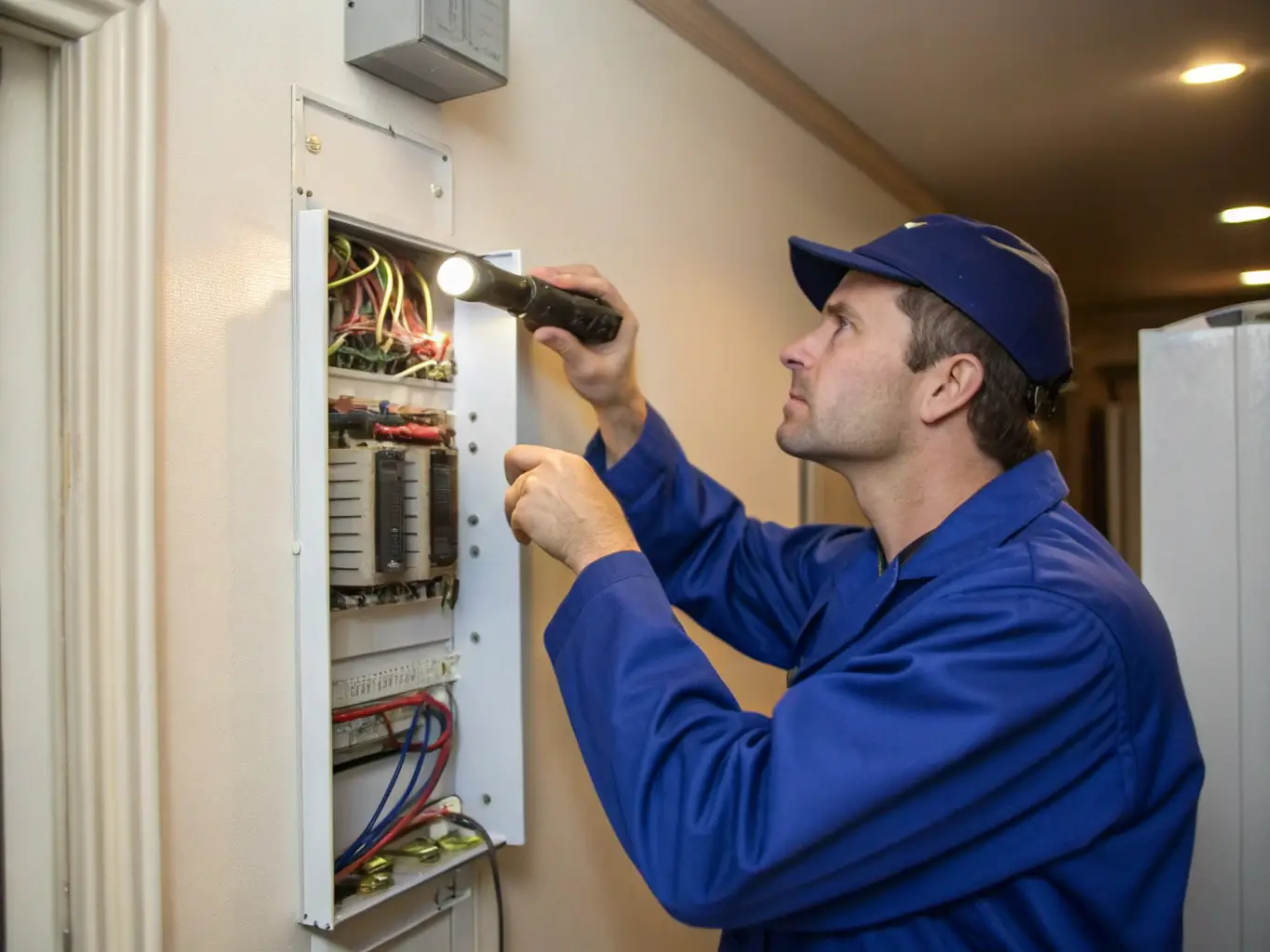 An ALKI Electric team member inspecting the wiring in a home during a full home rewiring project, ensuring safety and code compliance.