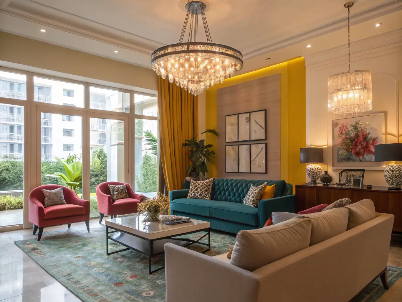 A cozy living room with recessed lighting and a modern chandelier, showcasing ALKI Electric's expertise in residential lighting installations.