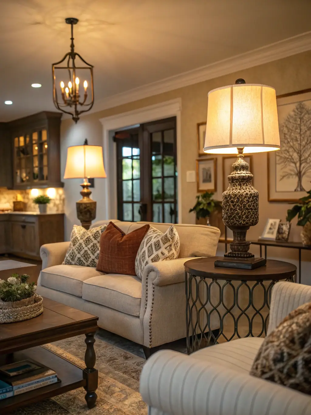 A well-lit living room with recessed lighting and a modern chandelier, showcasing ALKI Electric's lighting installation services.