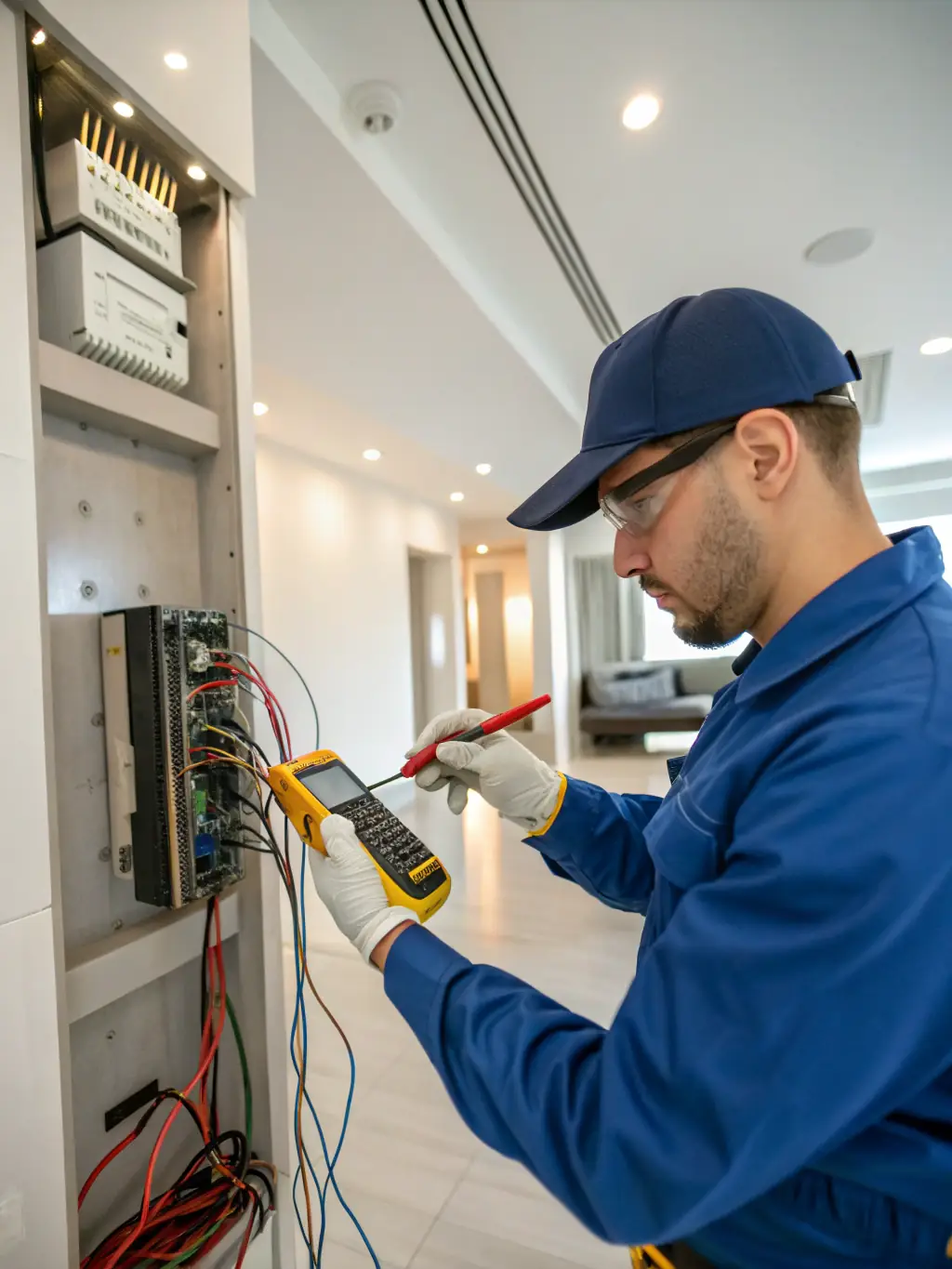 A technician from ALKI Electric troubleshooting an electrical panel in a residential home, emphasizing their expertise in diagnosing and fixing electrical issues.