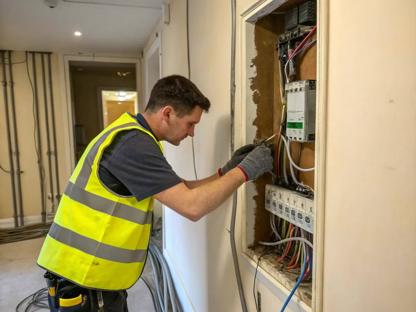 An electrician from ALKI Electric troubleshooting an electrical panel in a residential home, ensuring safety and compliance.